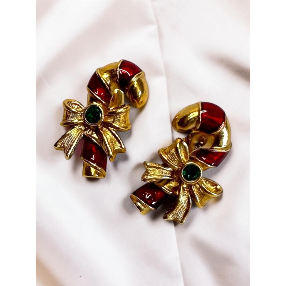Vintage Avon Candy Cane Post Earrings 1" Red Gold Tone Holiday Bow Green